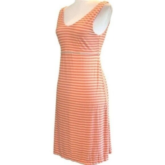 Athleta Sleeveless V-Neck Papaya Orange - Tan Striped Knit A-Line Dress Size M - Picture 1 of 6